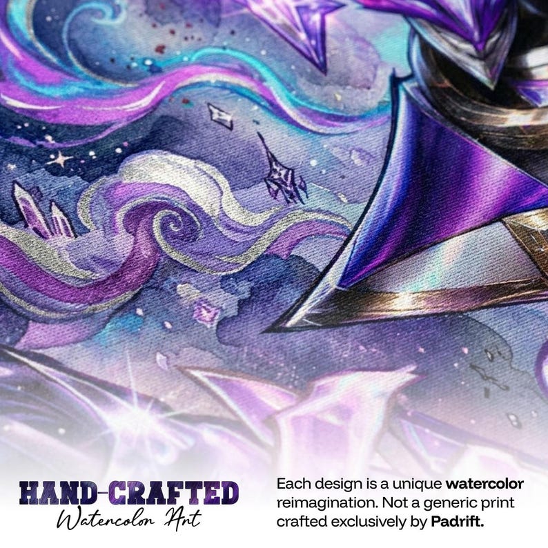 May include: A watercolor artwork featuring a fantasy theme with shades of purple, blue, and silver. The image includes text that reads "HAND-CRAFTED Watercolor Art". The artwork has a unique watercolor reimagination.