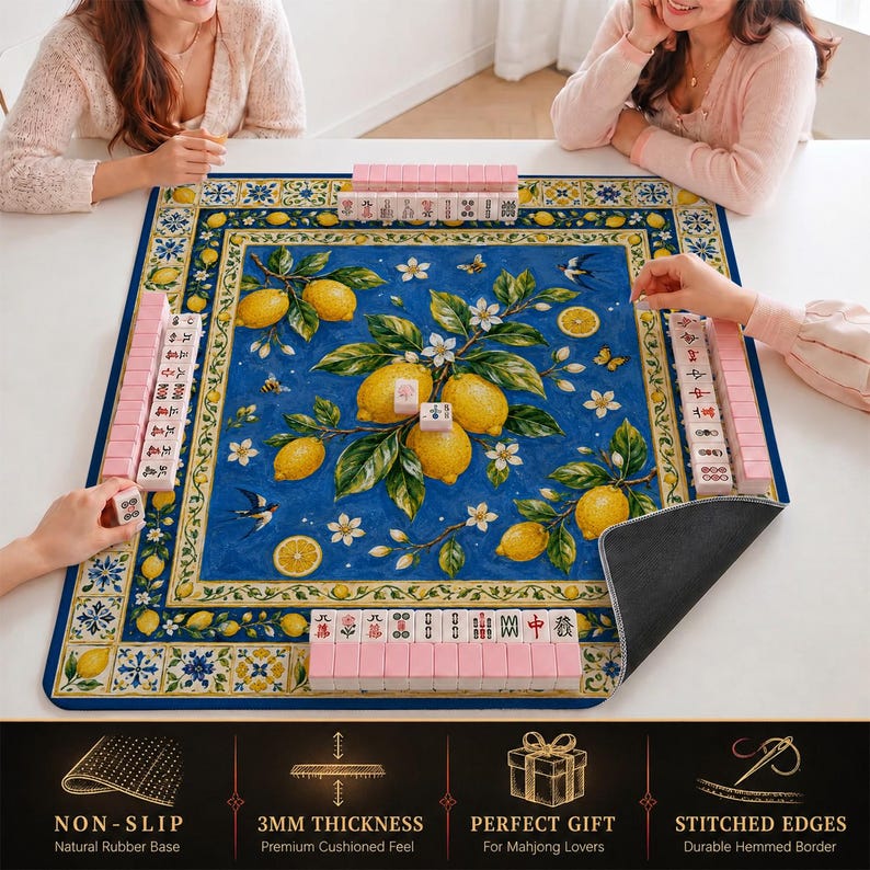 Amalfi Lemon Mahjong Mat — Blue Mediterranean Mah Jongg Mat 31.5" Gift