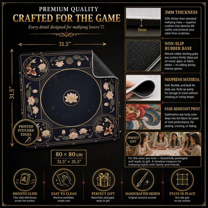 Black Koi Mahjong Mat — Gold Lotus Mah Jongg Mat 31.5" Zen Gift