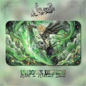 Puede incluir: Alfombrilla de ratón para juegos rectangular con un diseño de Final Fantasy X. La obra de arte representa un personaje con una gran espada verde, sobre un fondo de energía verde y paisajes urbanos. La alfombrilla tiene el texto "UNIQUE DESIGN With or Without Zones".