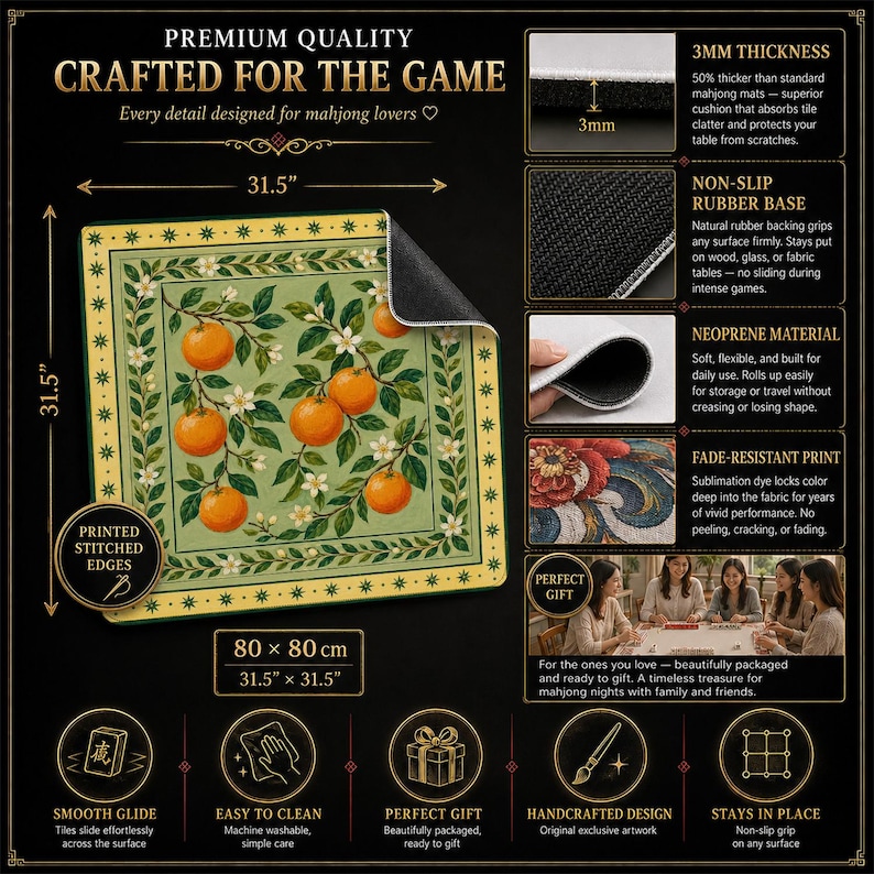 Orange Citrus Mahjong Mat — Mediterranean Mah Jongg Mat 31.5" Hostess Gift
