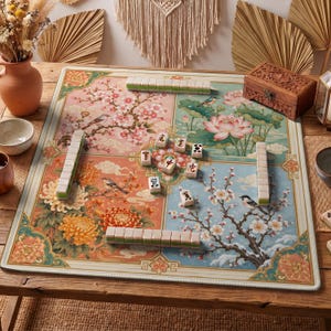 May include: A square mahjong mat featuring a four-quadrant design with floral and bird illustrations in pink, green, orange, and blue. The mat includes scattered mahjong tiles and four rows of tiles arranged along the edges of the board.