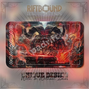 May include: A rectangular Riftbound League of Legends trading card game playmat. The mat features a fiery red and black illustration of a demonic figure. The top of the mat has the game's logo and the numbers 0-8. The bottom of the mat has the text "UNIQUE DESIGN With or Without Zones."