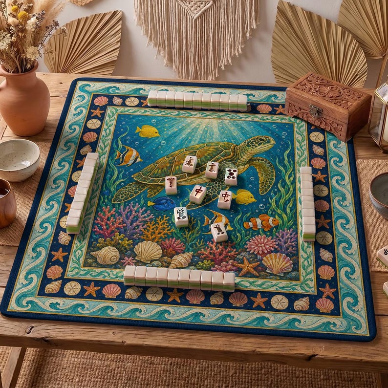 Sea Turtle Mahjong Mat — Coral Reef Mah Jongg Mat 31.5" Beach Hostess Gift