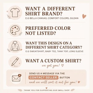 K&ouml;nnte beinhalten: Beige Grafik mit Text, der Optionen f&uuml;r individuelle T-Shirts anbietet. Der Text enth&auml;lt Optionen f&uuml;r verschiedene Shirt-Marken, Farben und Kategorien. Er ermutigt Kunden, den Verk&auml;ufer f&uuml;r personalisierte Anfragen zu kontaktieren. Das Bild hat ein Herz- und Blatt-Design.