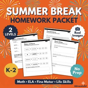 K-2 Summer Homework Packet | Special Education Math, ELA, Fine Motor Practice