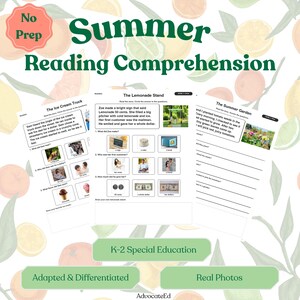 May include: Three educational worksheets titled Summer Reading Comprehension, The Ice Cream Truck, The Lemonade Stand, and The Summer Garden. The pages feature short stories, multiple-choice questions with images, and space for drawing.