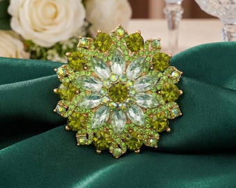 Green Crystal Sunflower Brooch, Olive Rhinestone Flower Pin, Elegant Statement Jewelry, Mothers Day Gift for Her, Vintage Style Brooch