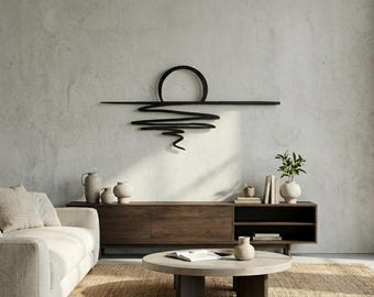 Decoración minimalista de pared de metal con diseño de amanecer y sol negro moderno para el hogar y la oficina.
