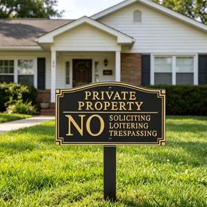 Puede incluir: Un letrero negro y dorado en un jardín delantero que dice "PRIVATE PROPERTY NO SOLICITING LOITERING TRESPASSING". El letrero está montado en un poste negro frente a una casa blanca con contraventanas negras.