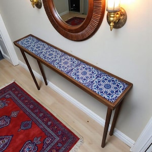 Handmade Walnut Console Table with Blue Ceramic Tile Top, Narrow Entryway Table, Turkish Mosaic Console, Hallway Table, Mid Century Modern