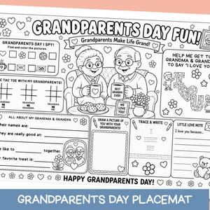 Op de afbeelding: Een zwart-wit activiteitenplacemat voor Grootouderdag met de tekst GRANDPARENTS DAY FUN! en Grandparents Make Life Grand! Het bevat een zoekspel, boter-kaas-en-eieren, schrijfopdrachten, een tekenvak en een gedeelte voor een liefdesbriefje.