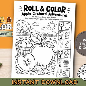 May include: A black and white printable worksheet titled Roll & Color Apple Orchard Adventure featuring an apple orchard scene with a basket, apples, a worm, and a numbered dice key from one to six for coloring activities.