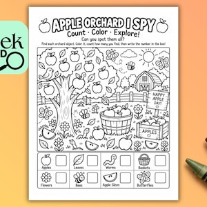 Apple I Spy Printable, Fall Preschool Worksheet, Apple Orchard Activity, Count and Color Game, Pre K Kindergarten Homeschool Activity