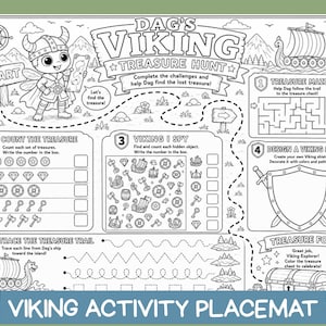 May include: A black and white activity placemat titled Dag's Viking Treasure Hunt. The sheet features a cartoon Viking character, a treasure maze, counting games, an I Spy section, a shield design area, and tracing lines for children to complete.