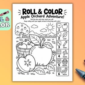Apple Orchard Roll and Color Printable, Fall Preschool Dice Game, Coloring Activity, Pre K Worksheet