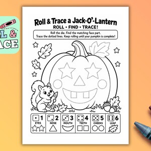 Jack-O’-Lantern Roll & Trace Printable, Halloween Preschool Dice Activity, Pumpkin Fine Motor Game