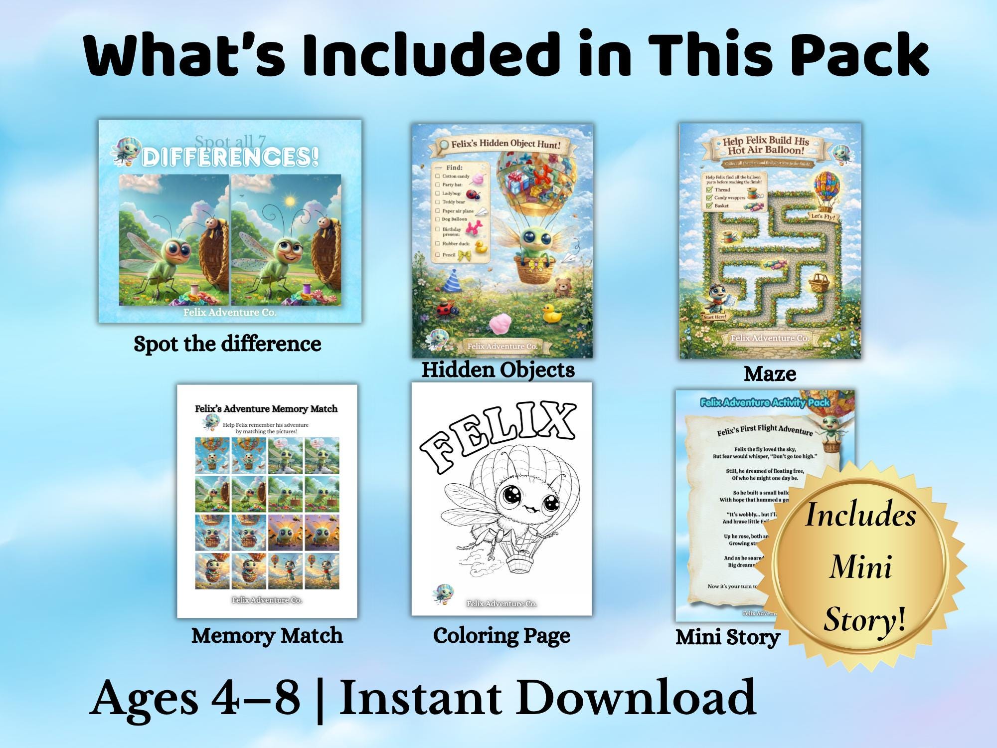 Felix Adventure Activity Pack – Printable Kids Games Ages 4-8 (instant