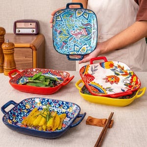 取っ手付きボヘミアン風セラミック製ベーキングディッシュ、パスタボウル、9インチサラダプレート、オーブン＆電子レンジ対応、素朴なキッチン食器、ボヘミアン風食器