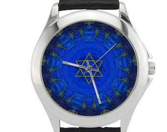 Maguen David Watch: Stainless Steel Jewish Wristwatch with Leather Strap