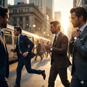 May include: Several men in suits are walking and running in a city setting. The men are wearing watches. The image is taken during the day with sunlight in the background. A train is visible in the background.