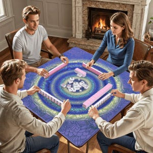 May include: Four people playing Mahjong around a square table with a blue and purple mandala design. Pink tile racks and white tiles are visible. A fireplace with a burning fire is in the background.