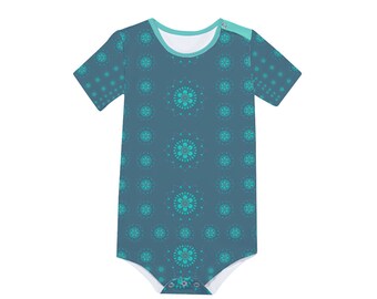 Green and turquoise floral design for custom All Over Print Baby's Short Sleeve Romper Jumpsuit