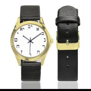 Reloj con esfera de letras hebreas de acero inoxidable con elegante correa de cuero, reloj judío de lujo, reloj de pulsera elegante para hombres y mujeres