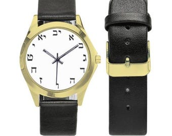 Stainless Steel  Hebrew Letters dial Watch with Elegant Leather Strap, Luxury Jewish Watch, Stylish Wristwatch for men and women