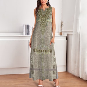 Beige savage panther and feathers design for  Women&#39;s Sleeveless Dress Stylish Ankle-length Long Dress