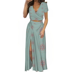 Special party Green Indian elegant design for Women's Two Piece Outfit V-Neck Top and Long Skirt Set