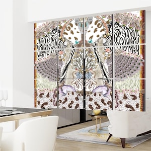 May include: A multi-panel wall art piece featuring a collage of animal prints and floral patterns. The artwork includes zebra stripes, leopard spots, and peacock feathers, with a central symmetrical design. The color palette includes beige, brown, and touches of pink.