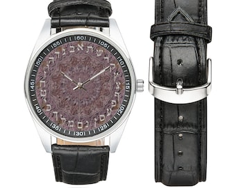 Edelstahl Hebräische Buchstaben Uhr mit Elegantem Schwarzen Lederband, Luxus Jüdische Uhr, Kleine Stilvolle Armbanduhr für Männer