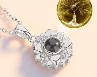 Tree of life or any other picture Rhinestones Sunflower Photo Projection Necklace Nano Engraving Custom Jewelry