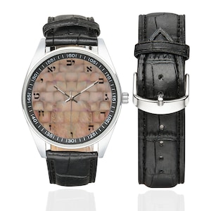 Reloj de letras hebreas de acero inoxidable con elegante correa de cuero negro, reloj judío de lujo, pequeño reloj de pulsera elegante para hombres, mujeres y niños