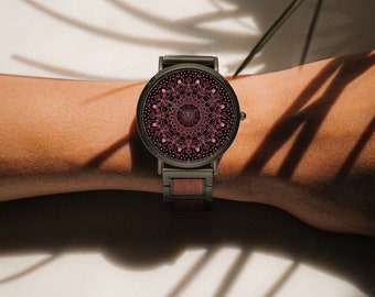Mandala wooden Strap Quartz Watch-Beautiful finish-41mm -premium copper case- bamboo wood strap- with indicators