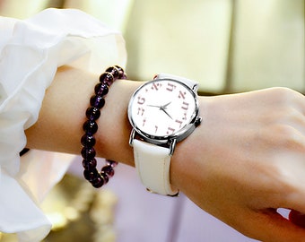 Custom Hebrew Letters Watch, Leather Band, Unisex Gift