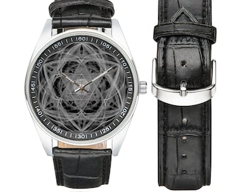 Stainless Steel Hebrew Letters Energetic shield Watch with Elegant Leather Strap, Luxury Jewish Watch, Small Stylish Wristwatch for men.