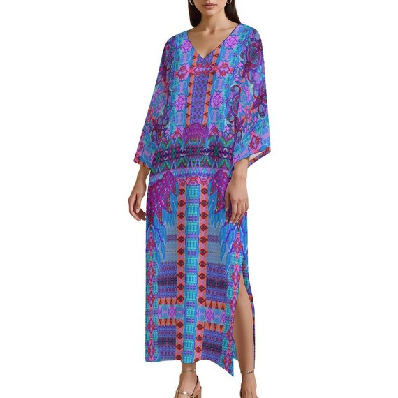 Artistic Print Kaftan Midi Dress - V-Neck Boho Tunic with Pockets