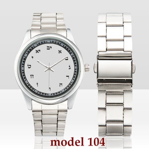 Relojes unisex para hombre con letras hebreas surtidos - 7 modelos: correa de piel - correa de resina - correa de acero inoxidable - azul - gris - blanco - beige - dorado - plateado - personalizado