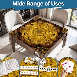 May include: A wooden game table with a decorative gold and brown patterned top. The table is surrounded by chairs and the text "Wide Range of Uses" is at the top. The image also shows playing cards, dominoes, and mahjong tiles.