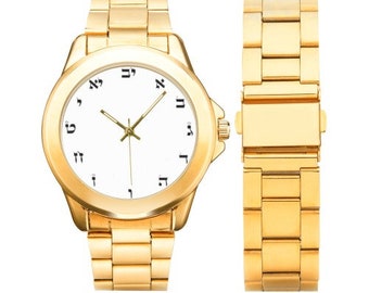 Montre élégante personnalisée avec lettres hébraïques dorées (modèle 101)