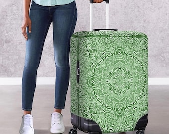 Artistic Green Mandala Luggage Cover: Stretch Polyester Suitcase Protector