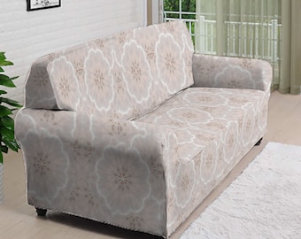 Floral Beige Stretch Sofa Slipcover: Elastic Furniture Protector