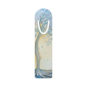 May include: A blue and yellow watercolor bookmark featuring a stylized tree with a thick trunk and branches with leaves. The bookmark has a white loop at the top.