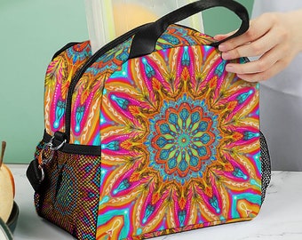 Mandala bright colors Reusable Insulated Lunch Bags Work Easy To Carry Meal Bags