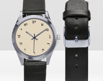 Stainless Steel Hebrew Letters Watch with Elegant Leather Strap, Luxury Jewish Watch, Small Stylish Wristwatch for men and women.