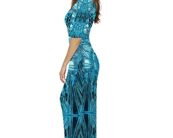 Designer Creation blue Custom Lotus Leaf Short Sleeve Long Dress Women's Summer Fashion Dress