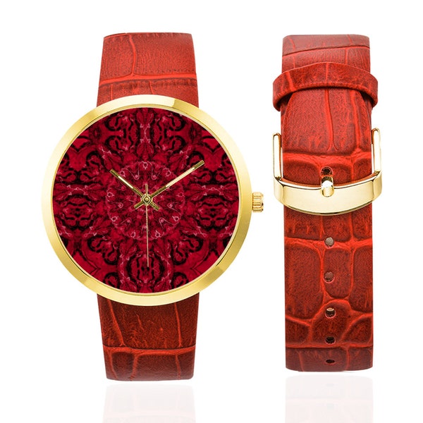 montre plaquee or pour femme, bracelet en cuir rouge - motif artistique original peint a la main-montre pour adulte