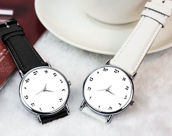 Custom Hebrew Letters Watch: Black & White PU Leather Band